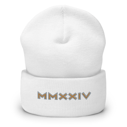 2024. MMXXIV. Cuffed Beanie with antique gold/silver embroidery on the front. - GRAFOTURE