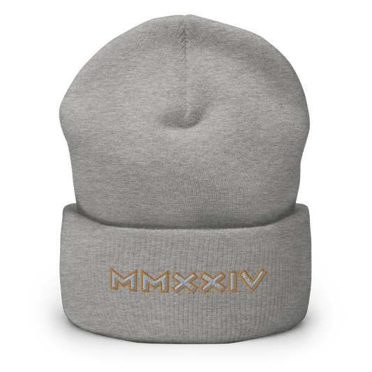 2024. MMXXIV. Cuffed Beanie with antique silver/gold embroidery on the front. - GRAFOTURE