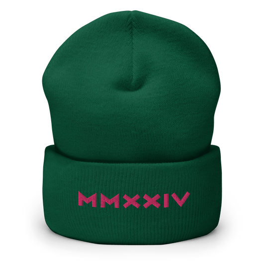 2024. MMXXIV. Cuffed Beanie with berry red embroidery on the front. - GRAFOTURE