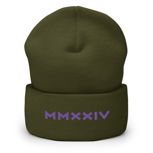 2024. MMXXIV. Cuffed Beanie with purple embroidery on the front. - GRAFOTURE