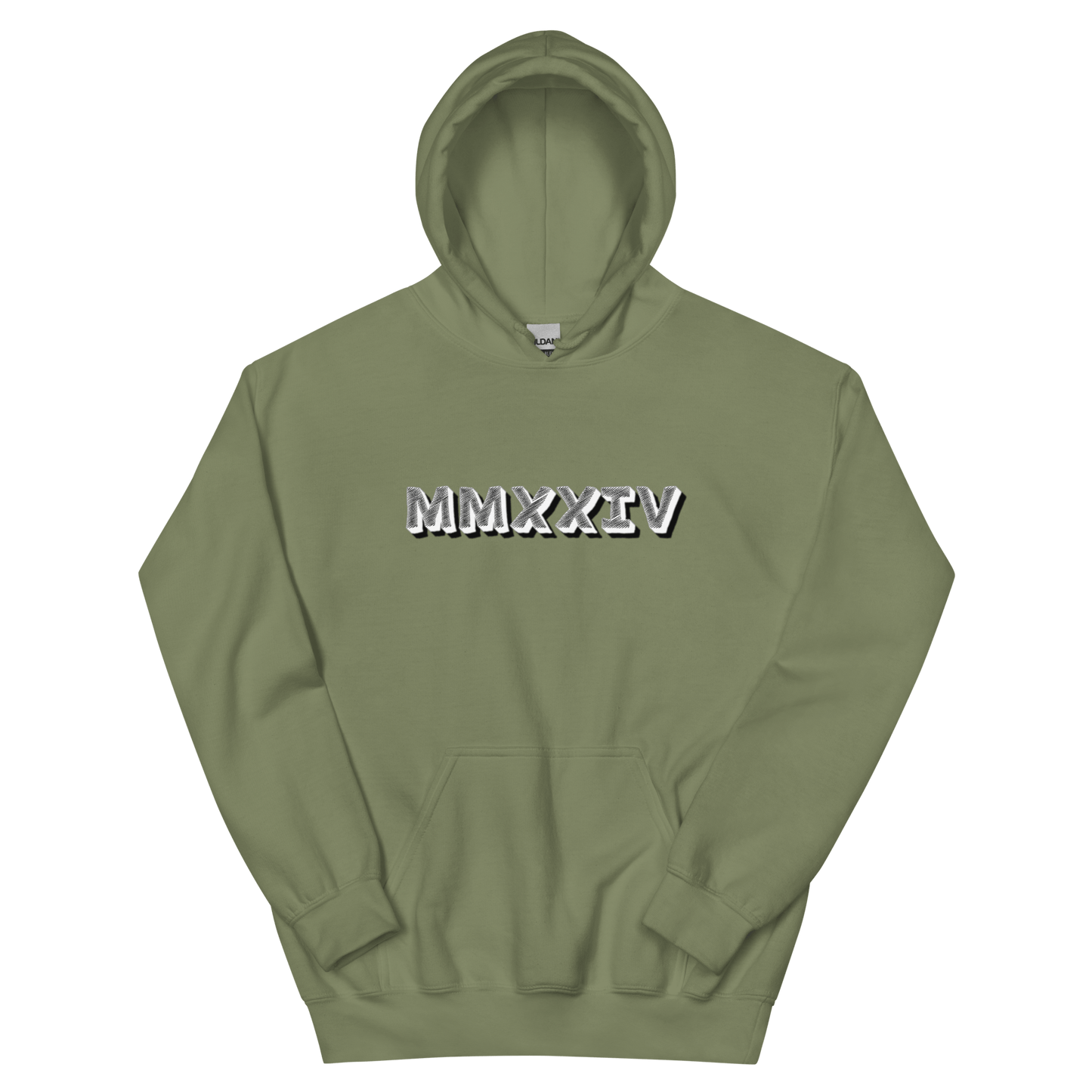 2024. MMXXIV. Military Green Hoodie with prints on the chest and back. - GRAFOTURE