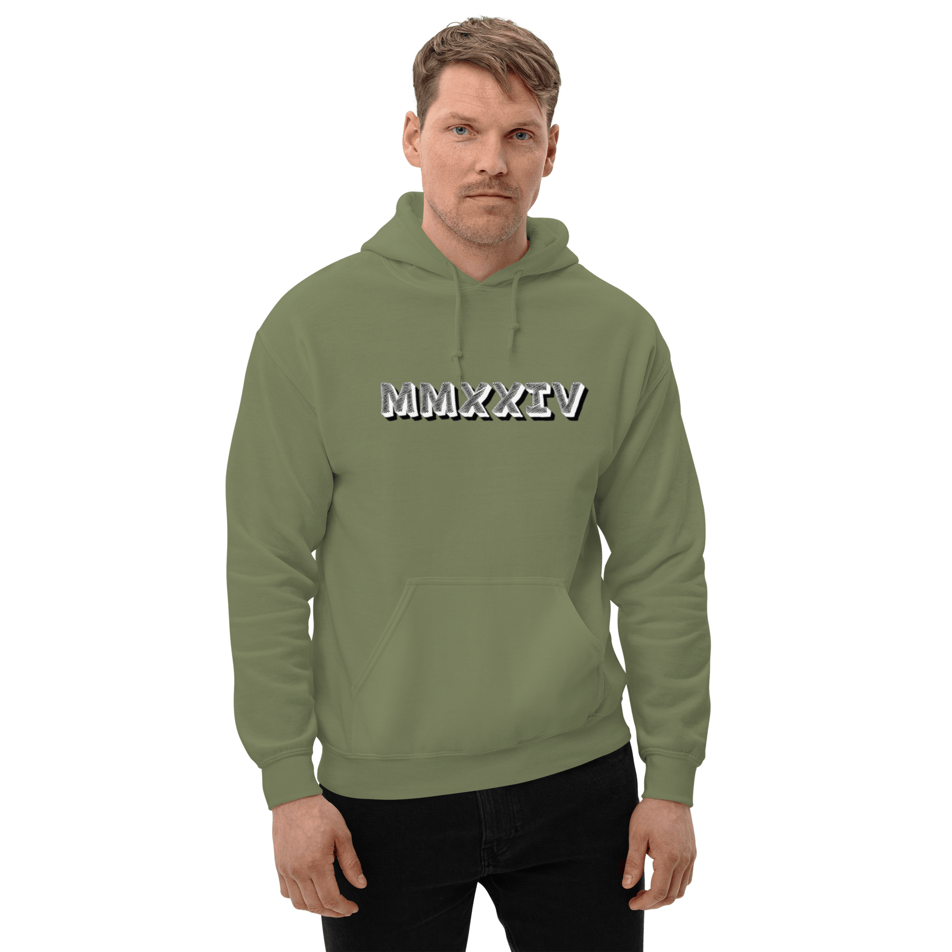 2024. MMXXIV. Military Green Hoodie with prints on the chest and back. - GRAFOTURE