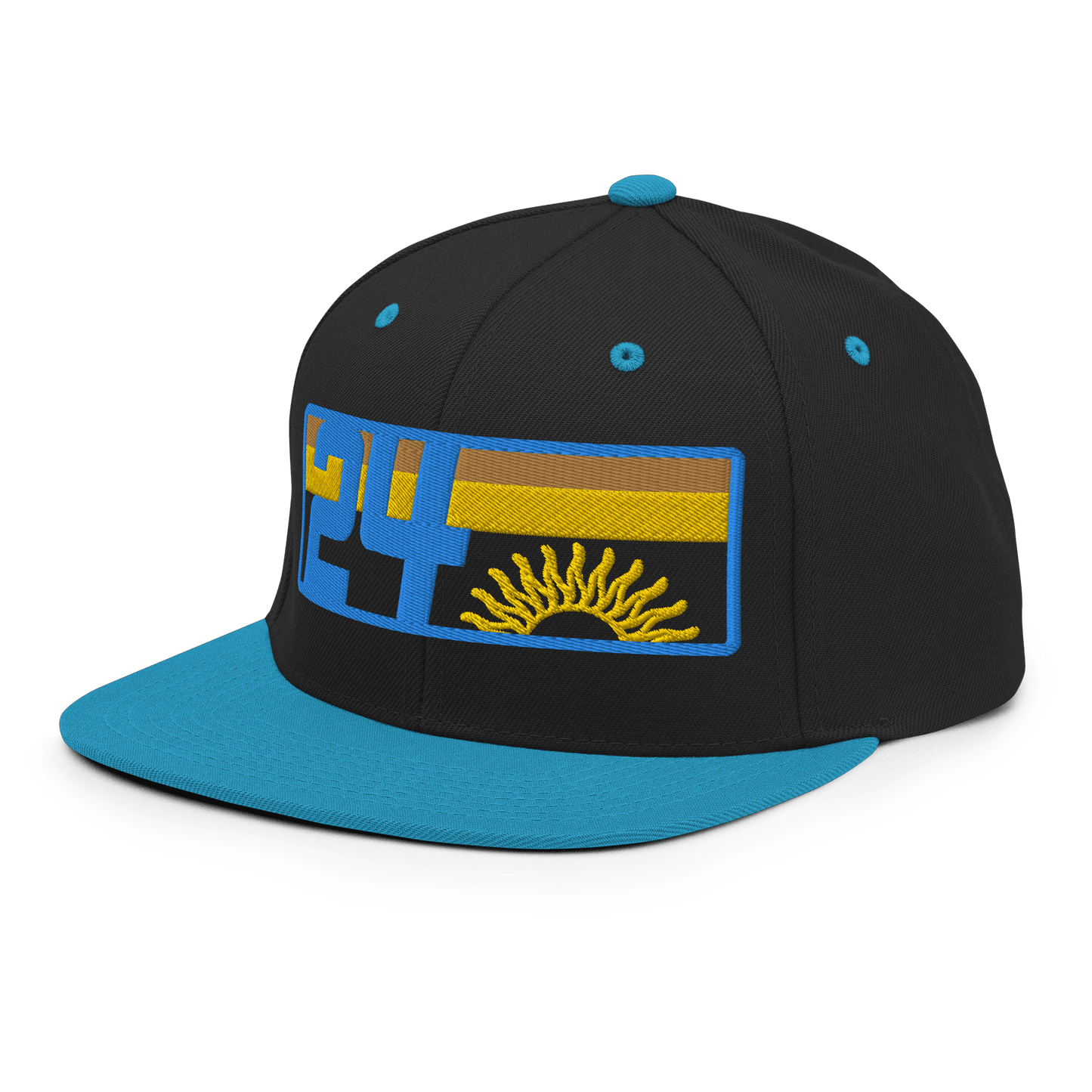 2024. Spring Edition. Embroidered Snapback Hat, Black/Aqua Blue. - GRAFOTURE