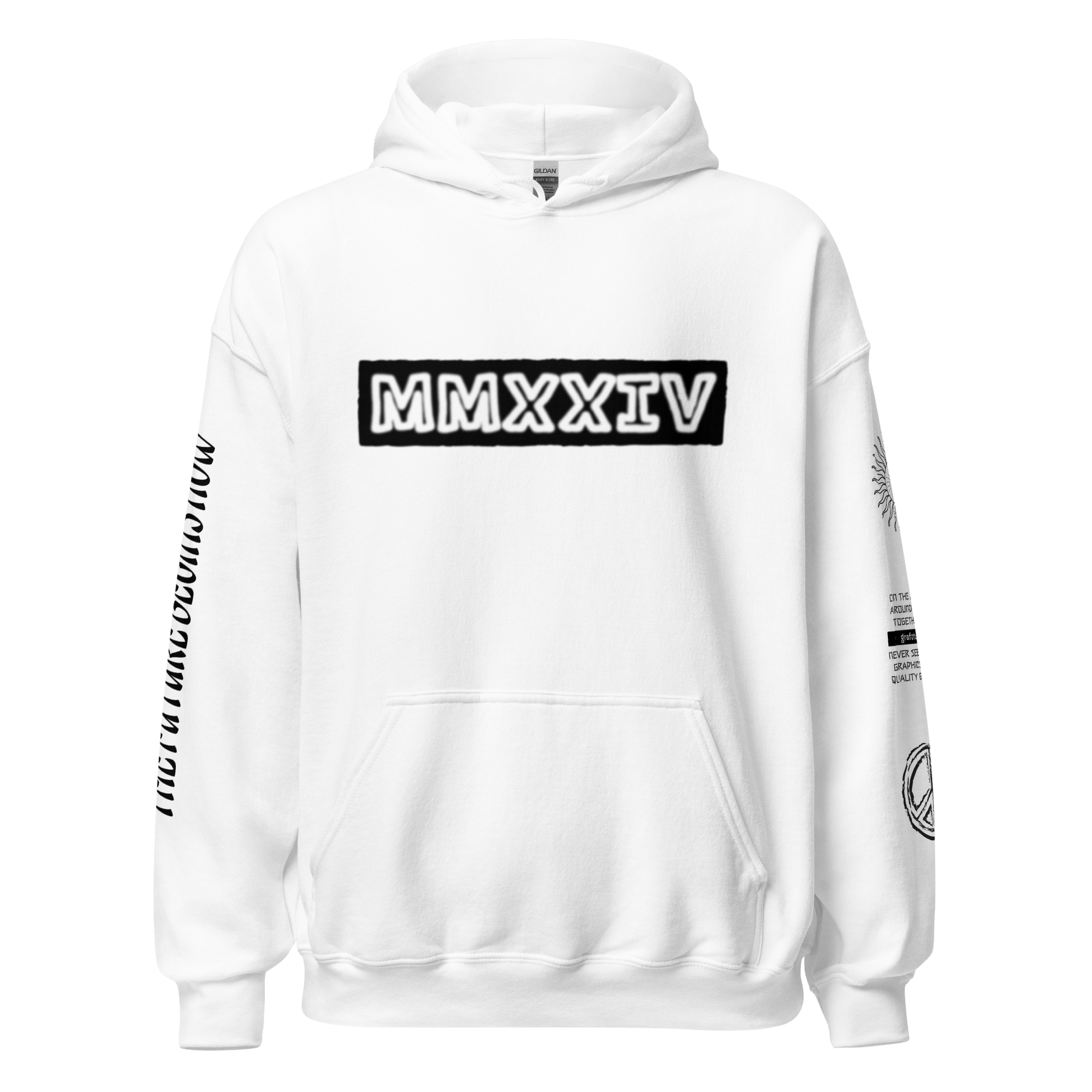 2024. The Journey. White Hoodie with prints on the front, back, and left sleeve. - GRAFOTURE