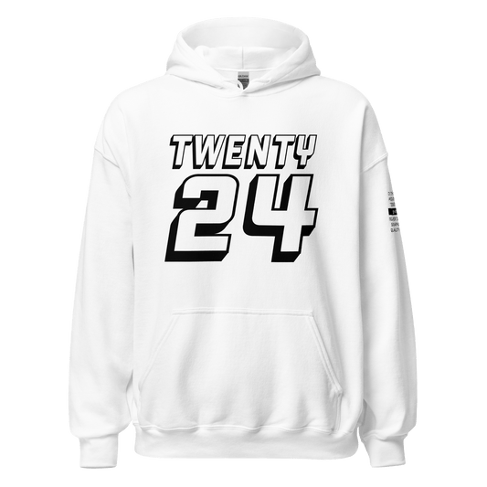 2024. The Journey. White Hoodie with prints on the front, back, and left sleeve. - GRAFOTURE