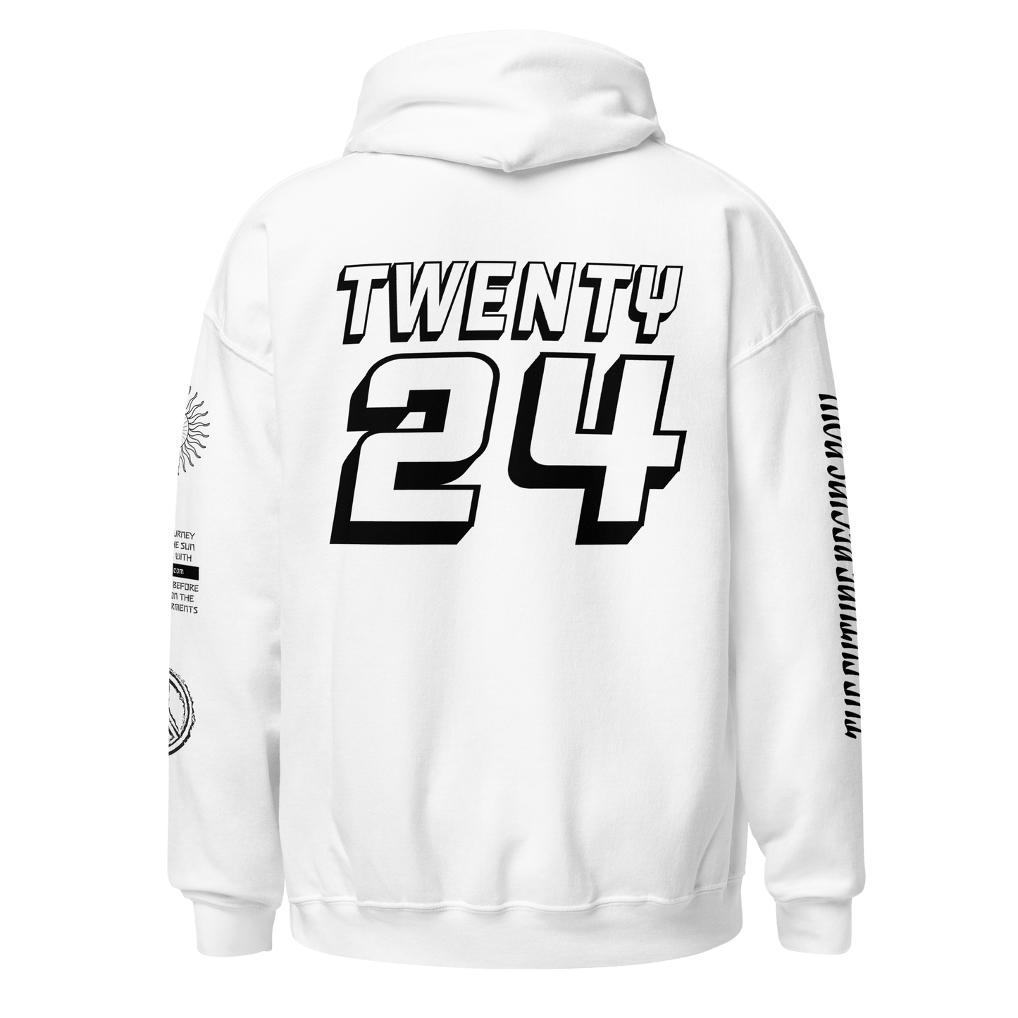 2024. The Journey. White Hoodie with prints on the front, back, and left sleeve. - GRAFOTURE