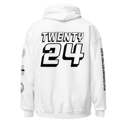 2024. The Journey. White Hoodie with prints on the front, back, and left sleeve. - GRAFOTURE