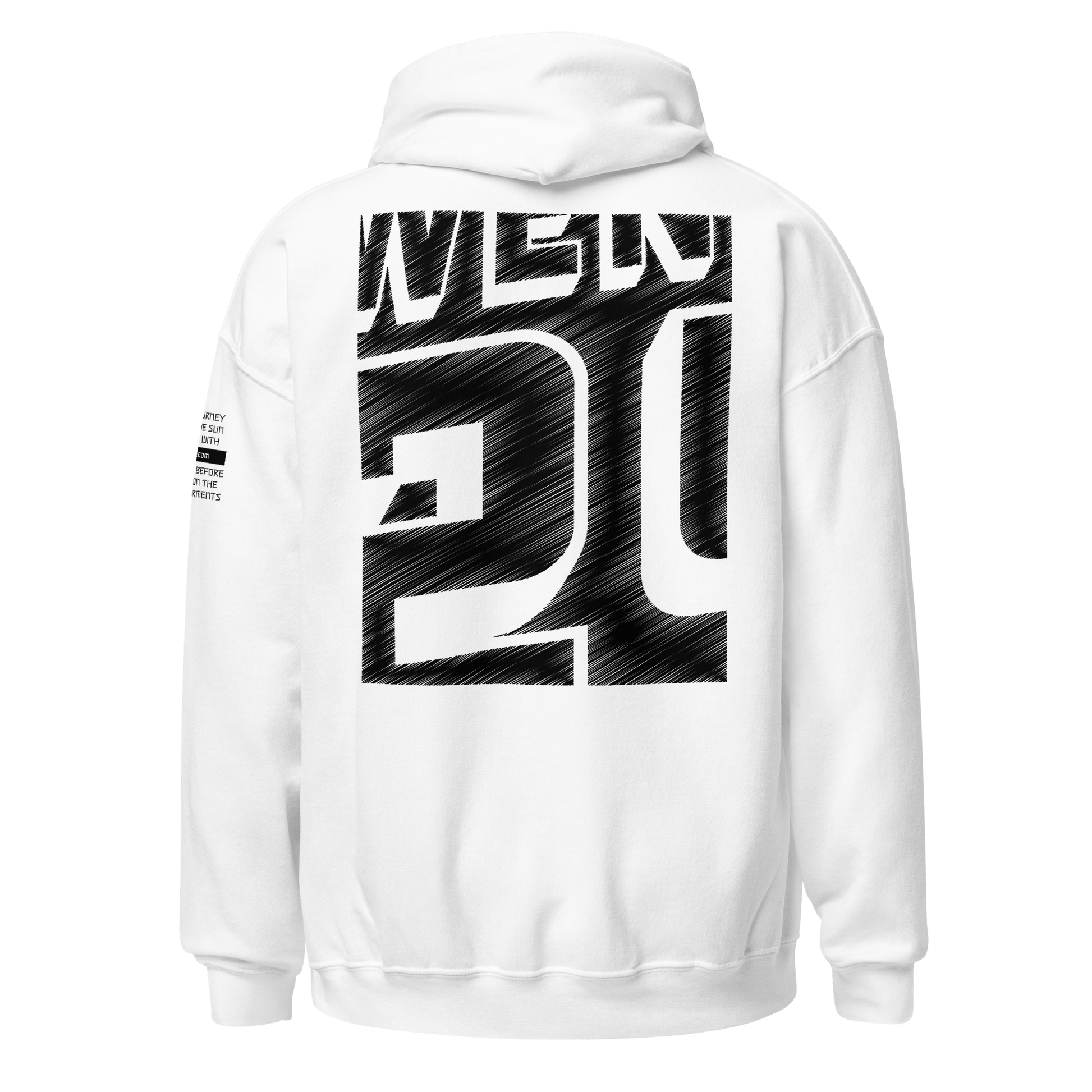 2024. The Journey. White Hoodie with prints on the front, back, and left sleeve. - GRAFOTURE