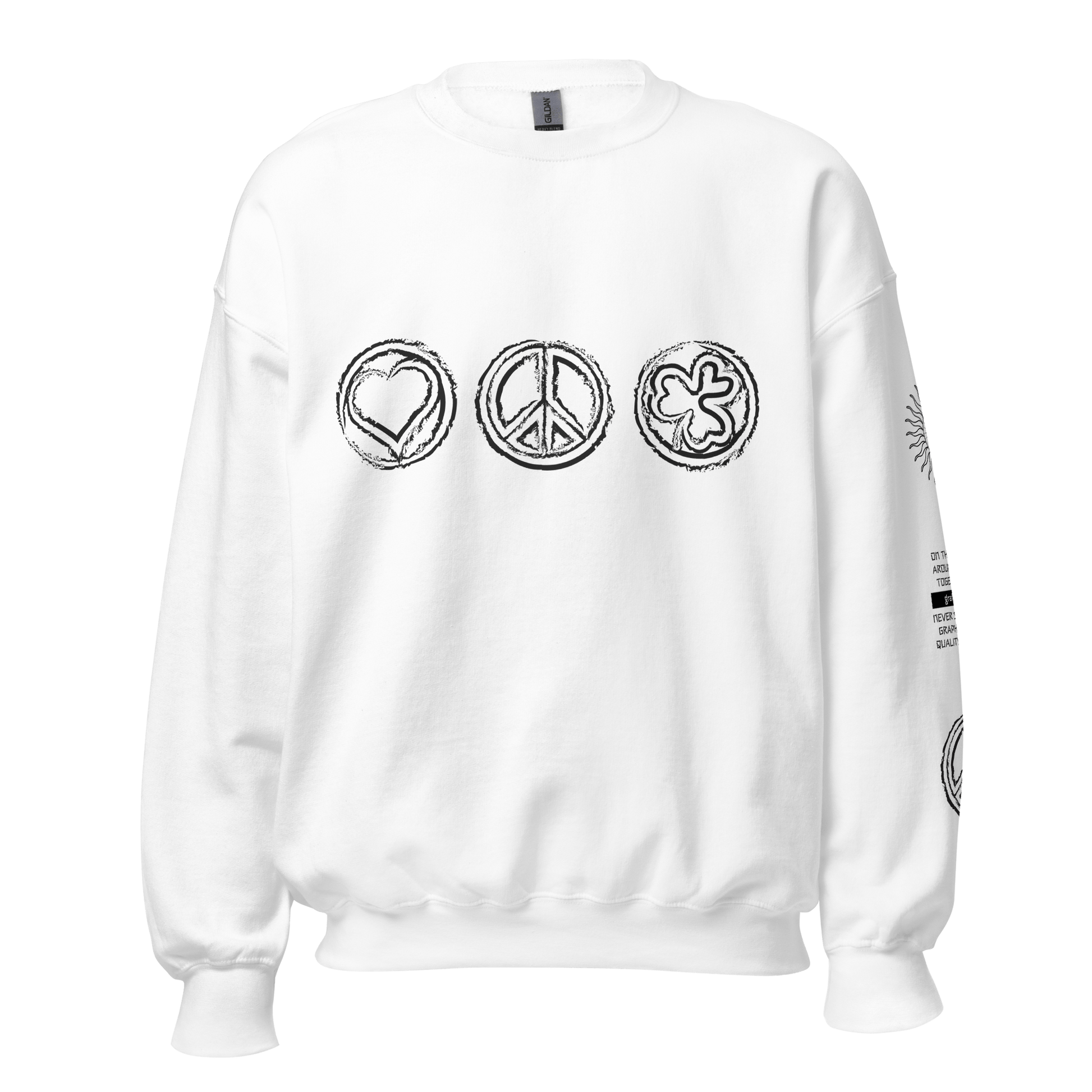 2024. The Journey. White Sweatshirt with prints on the front and left sleeve. - GRAFOTURE