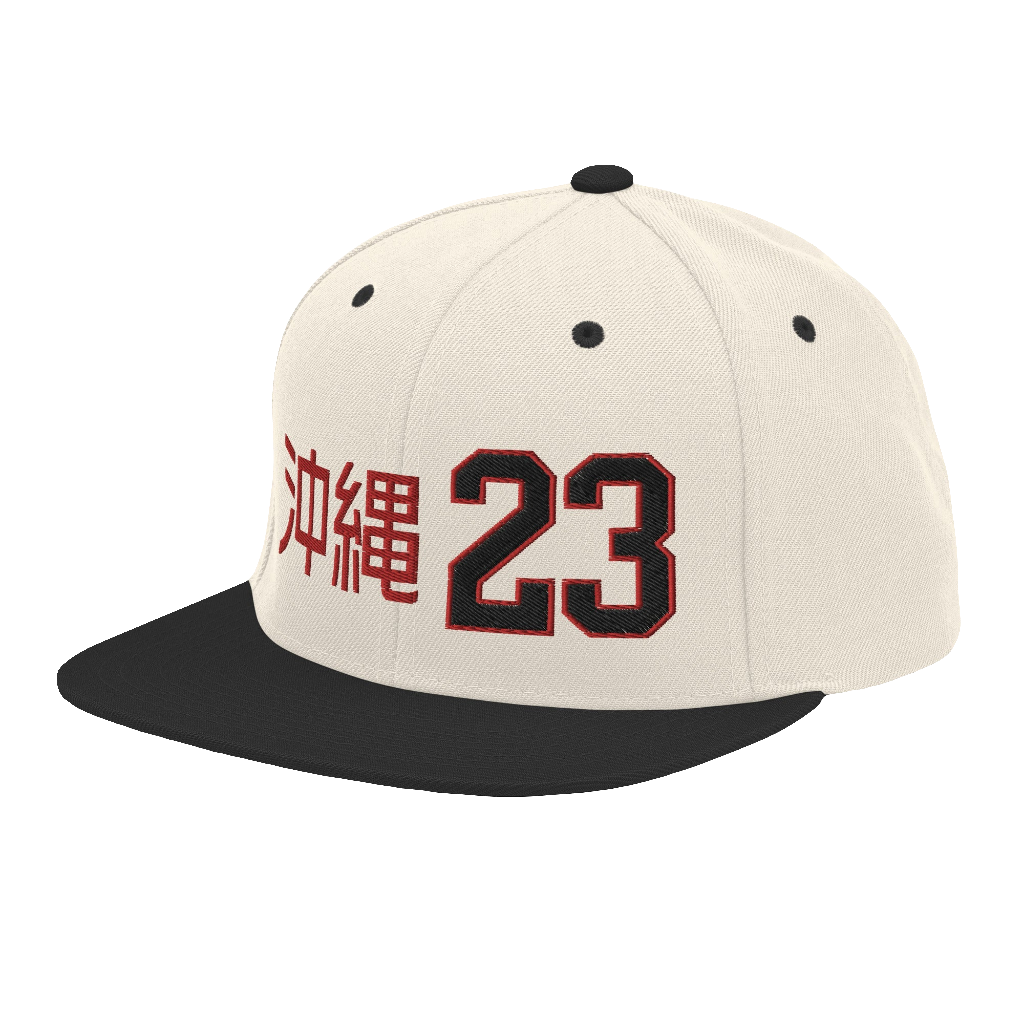 OKINAWA. #10. Embroidered Snapback Hat, Natural White/Black.