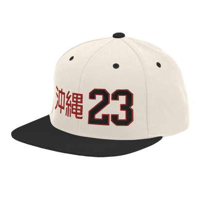 OKINAWA. #10. Embroidered Snapback Hat, Natural White/Black.