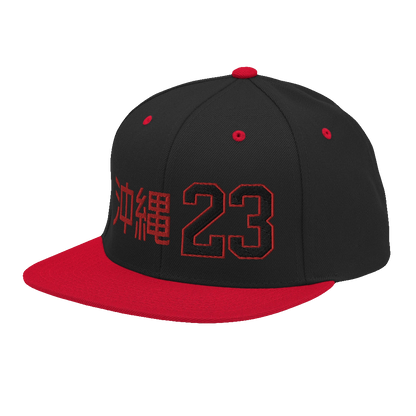 OKINAWA. #11. Embroidered Snapback Hat, Black/Red.