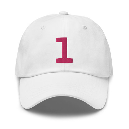 Anniversary 1. Embroidered Dad Cap, White/Berry Red.