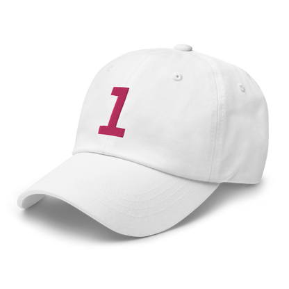 Anniversary 1. Embroidered Dad Cap, White/Berry Red.