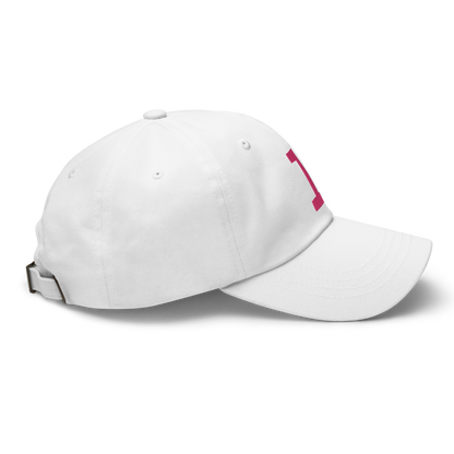 Anniversary 1. Embroidered Dad Cap, White/Berry Red.