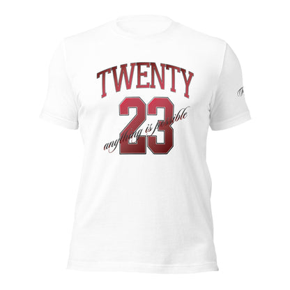 TWENTY23. #001. White cotton t-shirt with a print on the front and left sleeve. - GRAFOTURE