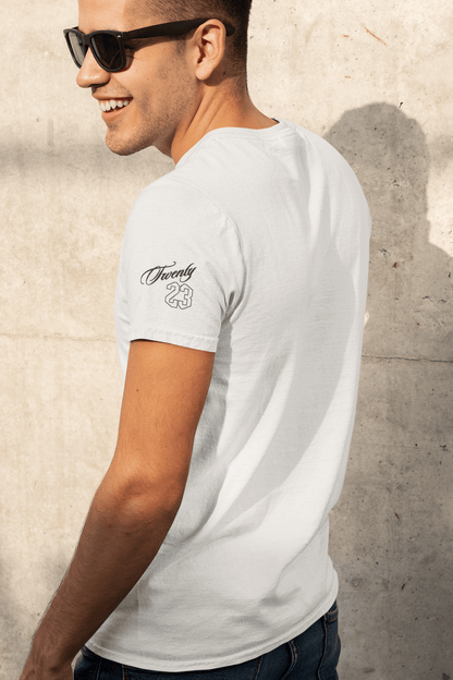 TWENTY23. #001. White cotton t-shirt with a print on the front and left sleeve. - GRAFOTURE