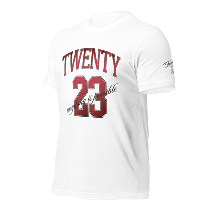 TWENTY23. #001. White cotton t-shirt with a print on the front and left sleeve. - GRAFOTURE