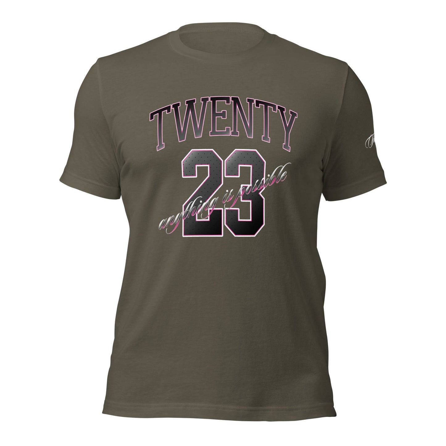 TWENTY23. #003. Army Green cotton t-shirt with a print on the front and left sleeve. - GRAFOTURE