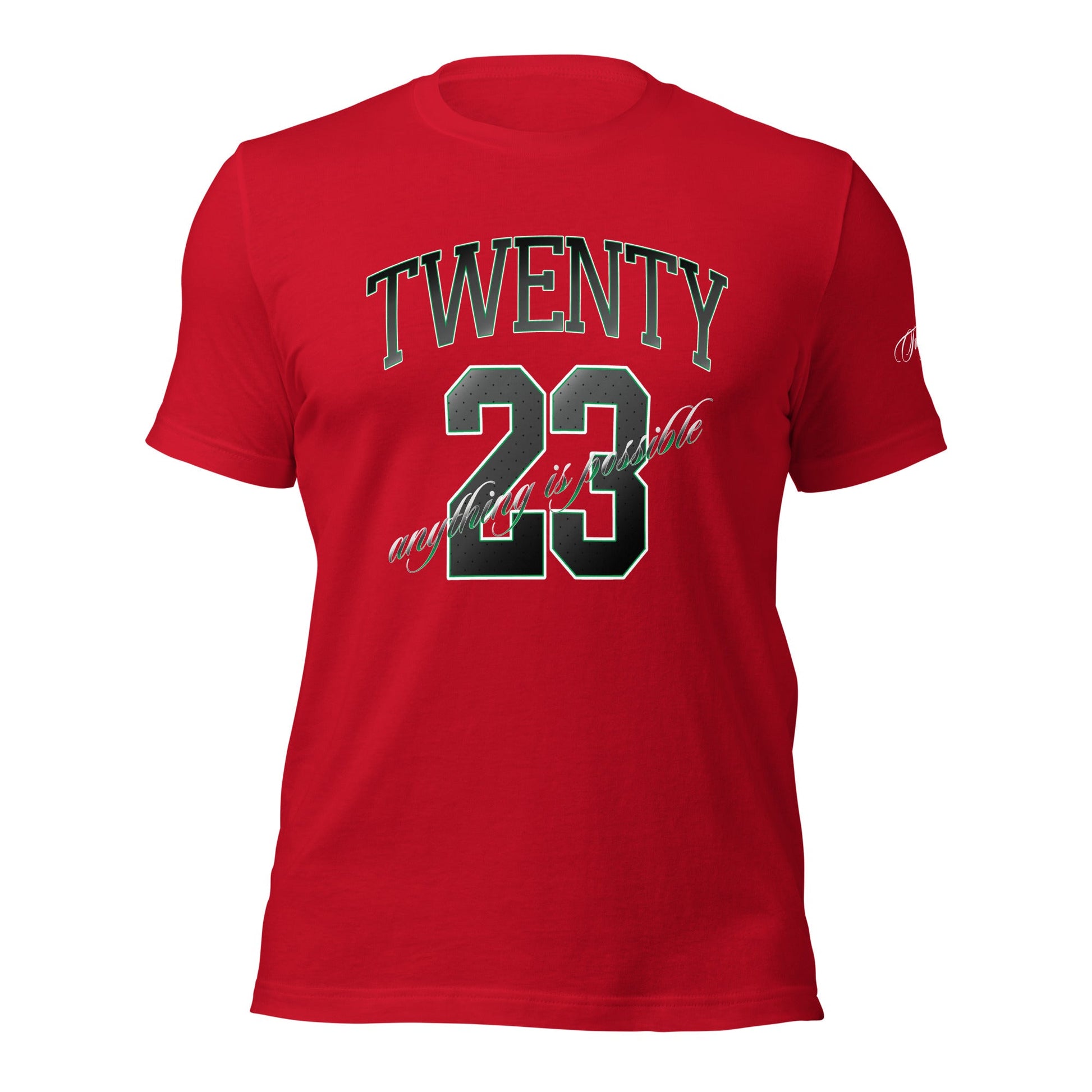 TWENTY23. #005. Red cotton t-shirt with a print on the front and left sleeve. - GRAFOTURE