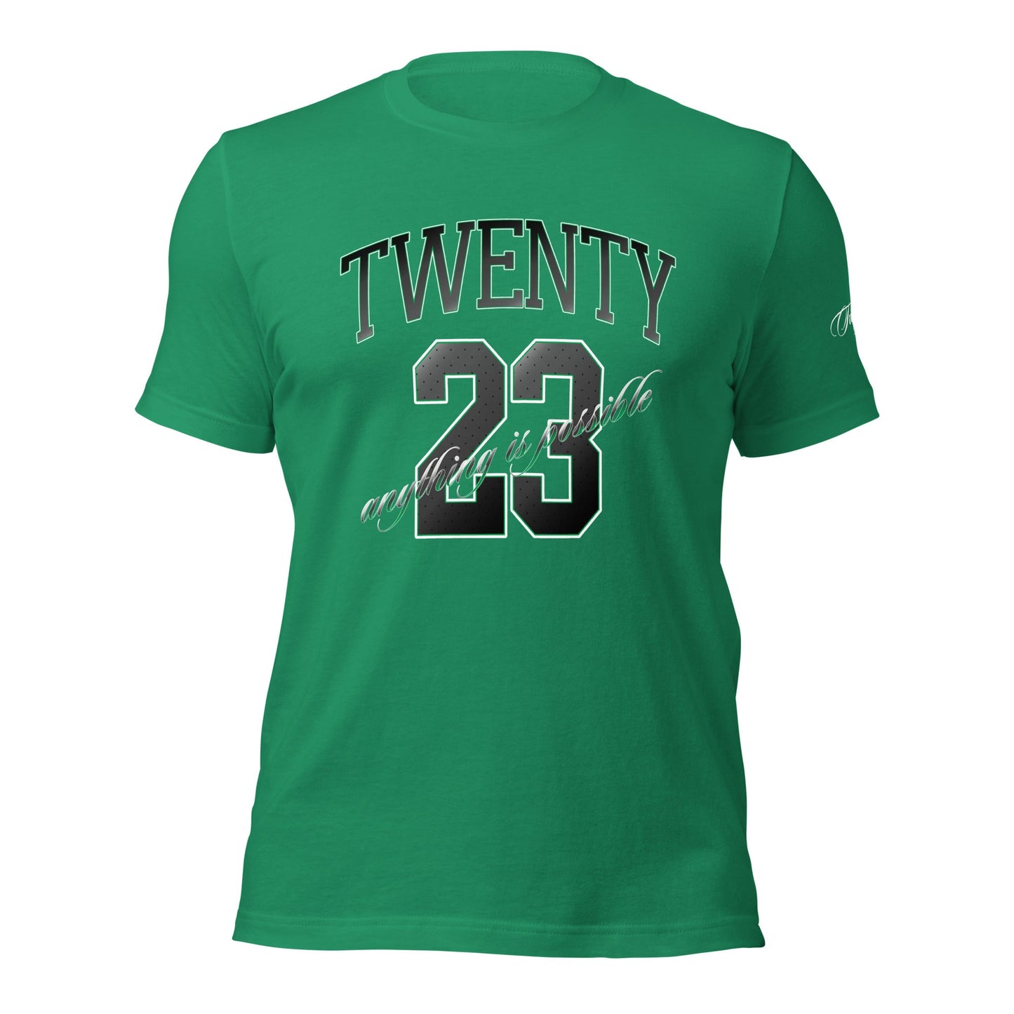 TWENTY23. #006. Kelly Green cotton t-shirt with a print on the front and left sleeve. - GRAFOTURE