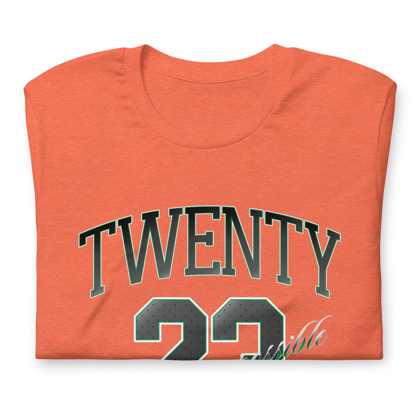 TWENTY23. #007. Heather Orange cotton t-shirt with a print on the front and left sleeve. - GRAFOTURE