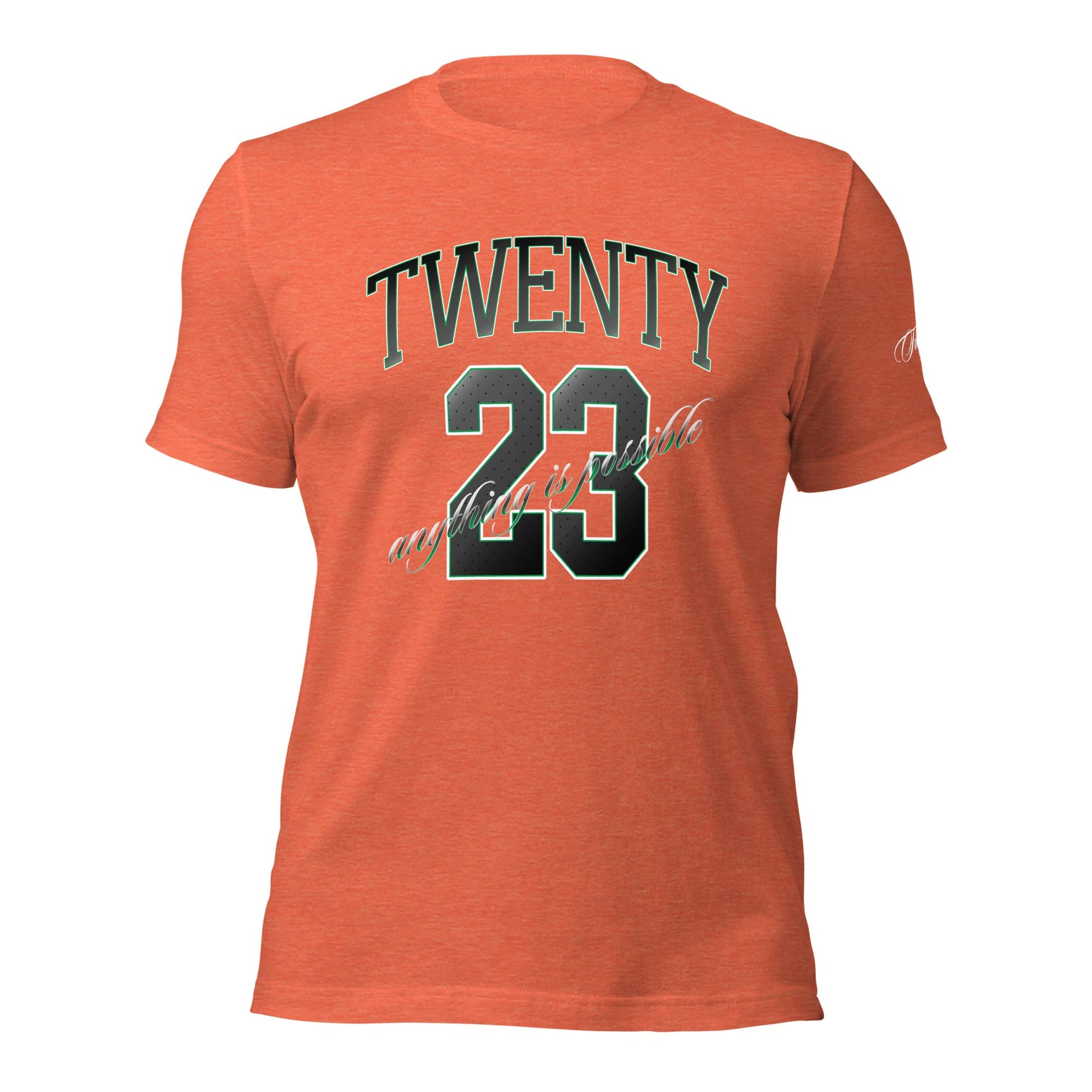 TWENTY23. #007. Heather Orange cotton t-shirt with a print on the front and left sleeve. - GRAFOTURE