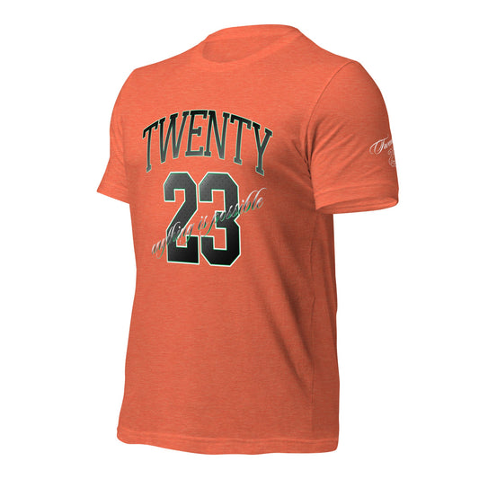 TWENTY23. #007. Heather Orange cotton t-shirt with a print on the front and left sleeve. - GRAFOTURE