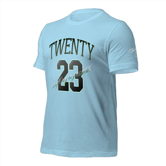 TWENTY23. #008. Ocean Blue cotton t-shirt with a print on the front and left sleeve. - GRAFOTURE