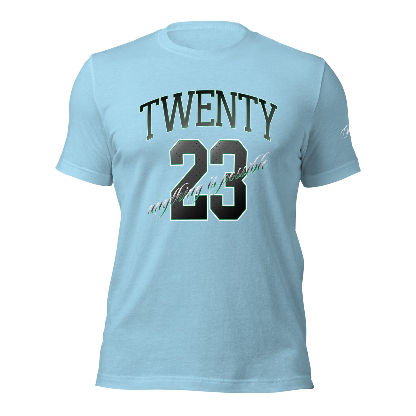 TWENTY23. #008. Ocean Blue cotton t-shirt with a print on the front and left sleeve. - GRAFOTURE