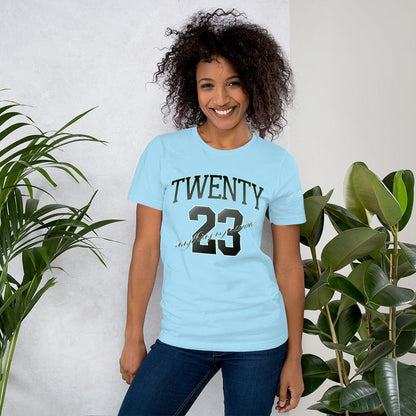 TWENTY23. #008. Ocean Blue cotton t-shirt with a print on the front and left sleeve. - GRAFOTURE