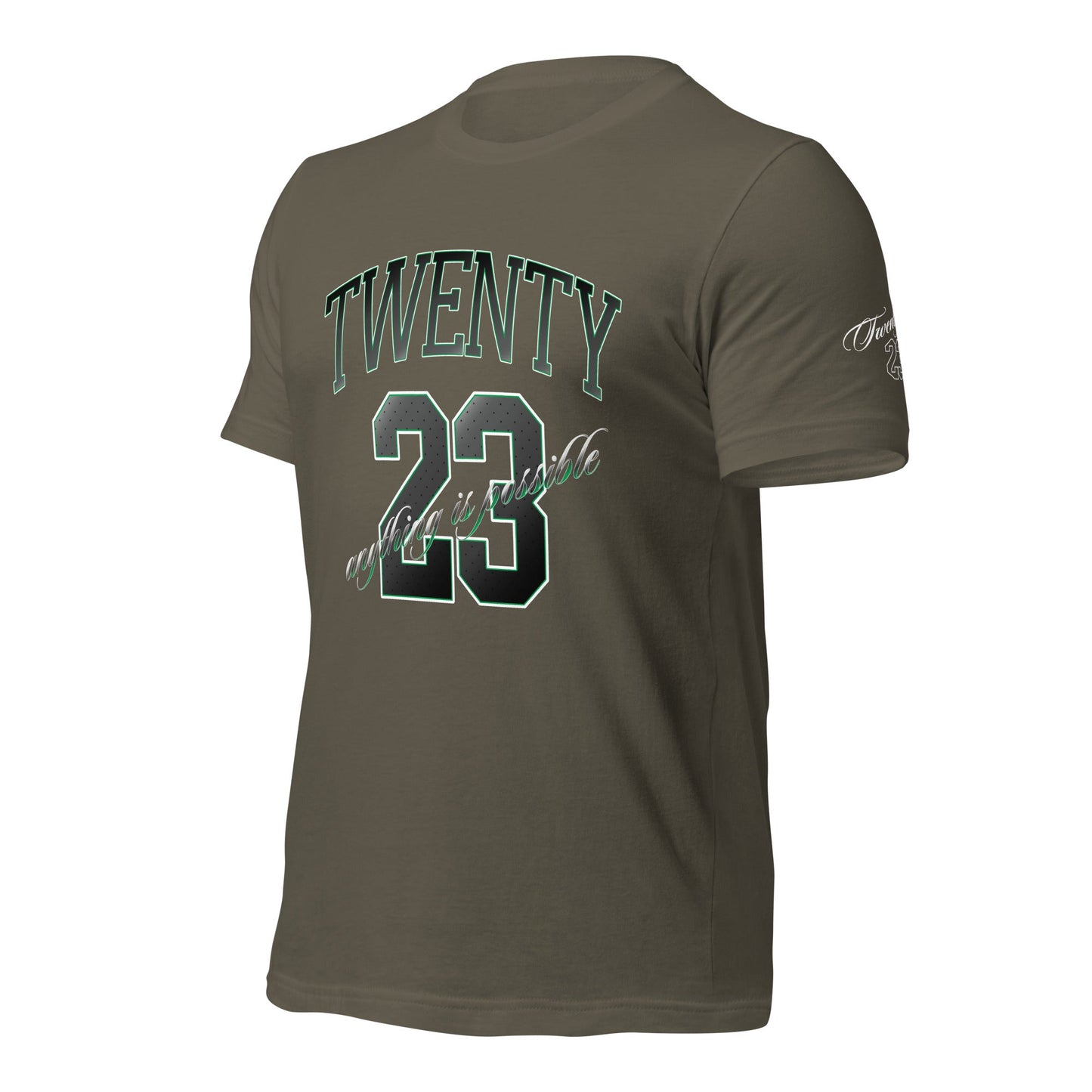 TWENTY23. #009. Military Green cotton t-shirt with a print on the front and left sleeve. - GRAFOTURE