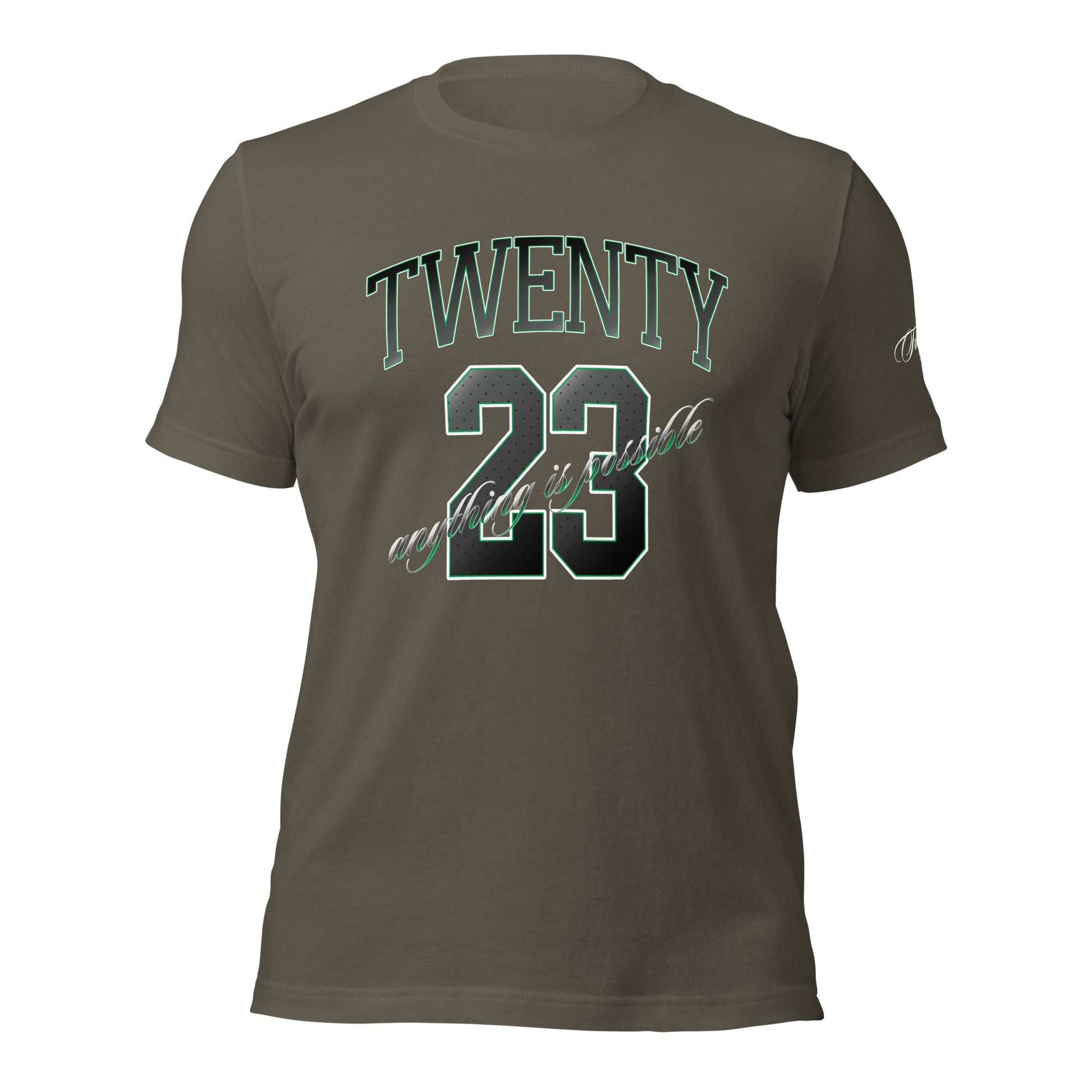 TWENTY23. #009. Military Green cotton t-shirt with a print on the front and left sleeve. - GRAFOTURE