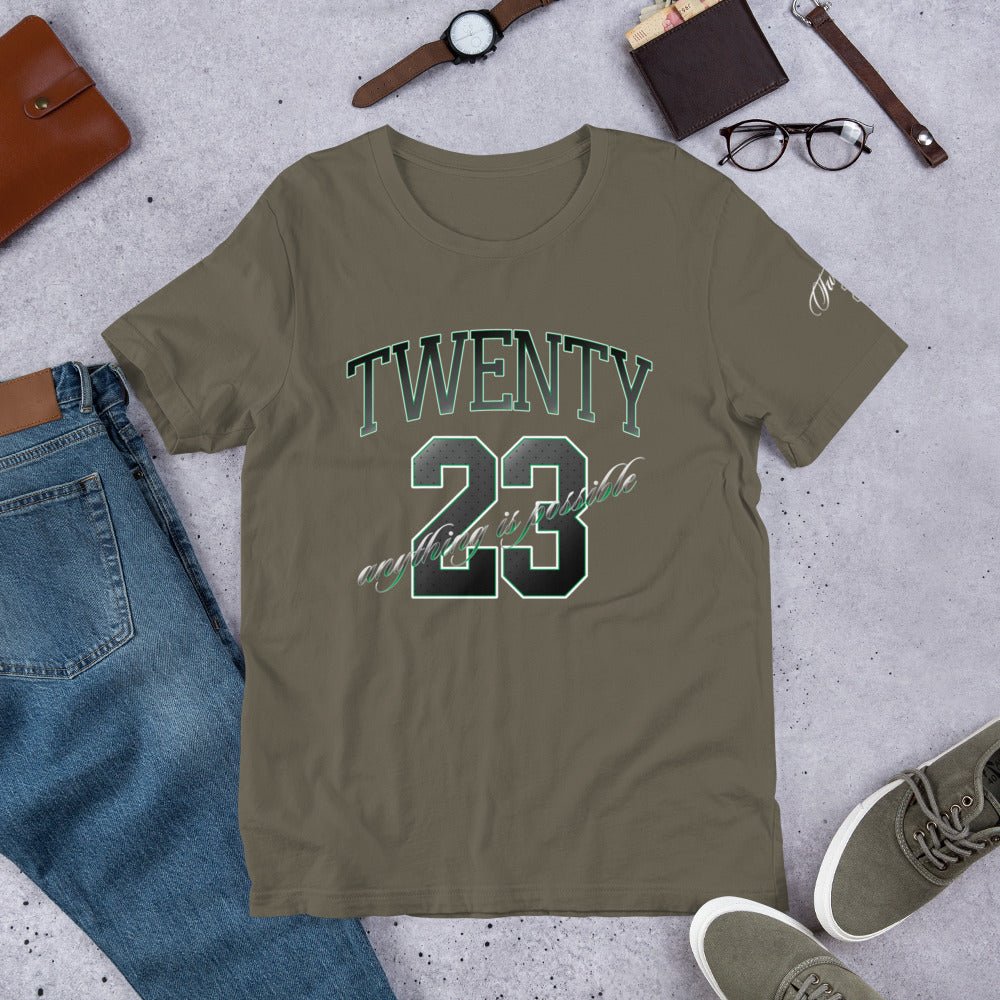 TWENTY23. #009. Military Green cotton t-shirt with a print on the front and left sleeve. - GRAFOTURE