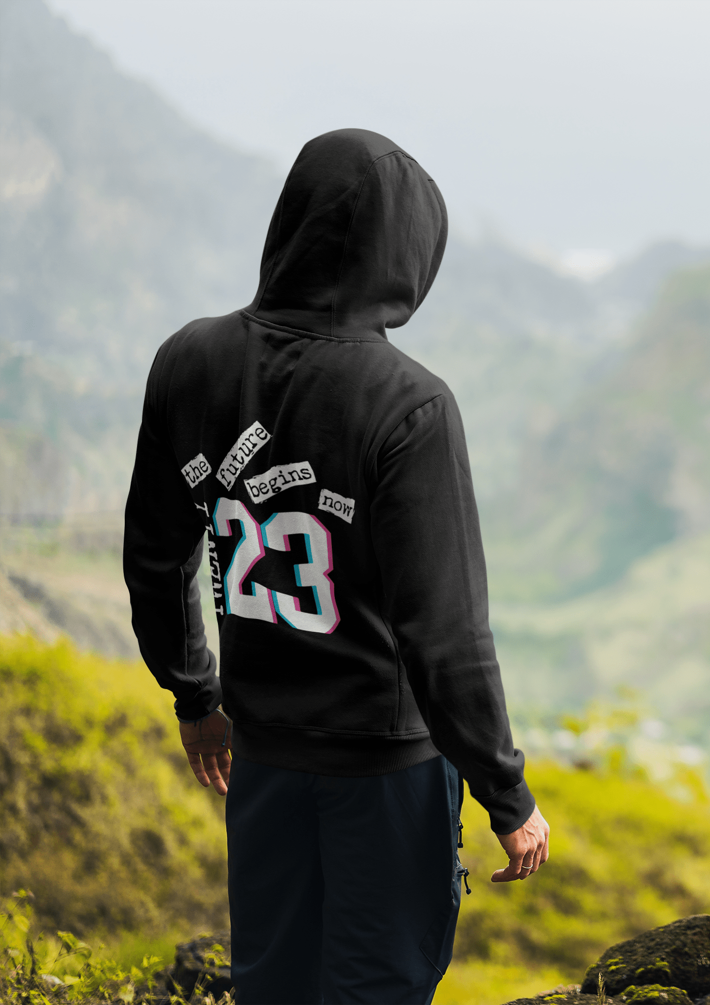 TWENTY23. #101. Black pullover hoodie with a print on the front and back. - GRAFOTURE