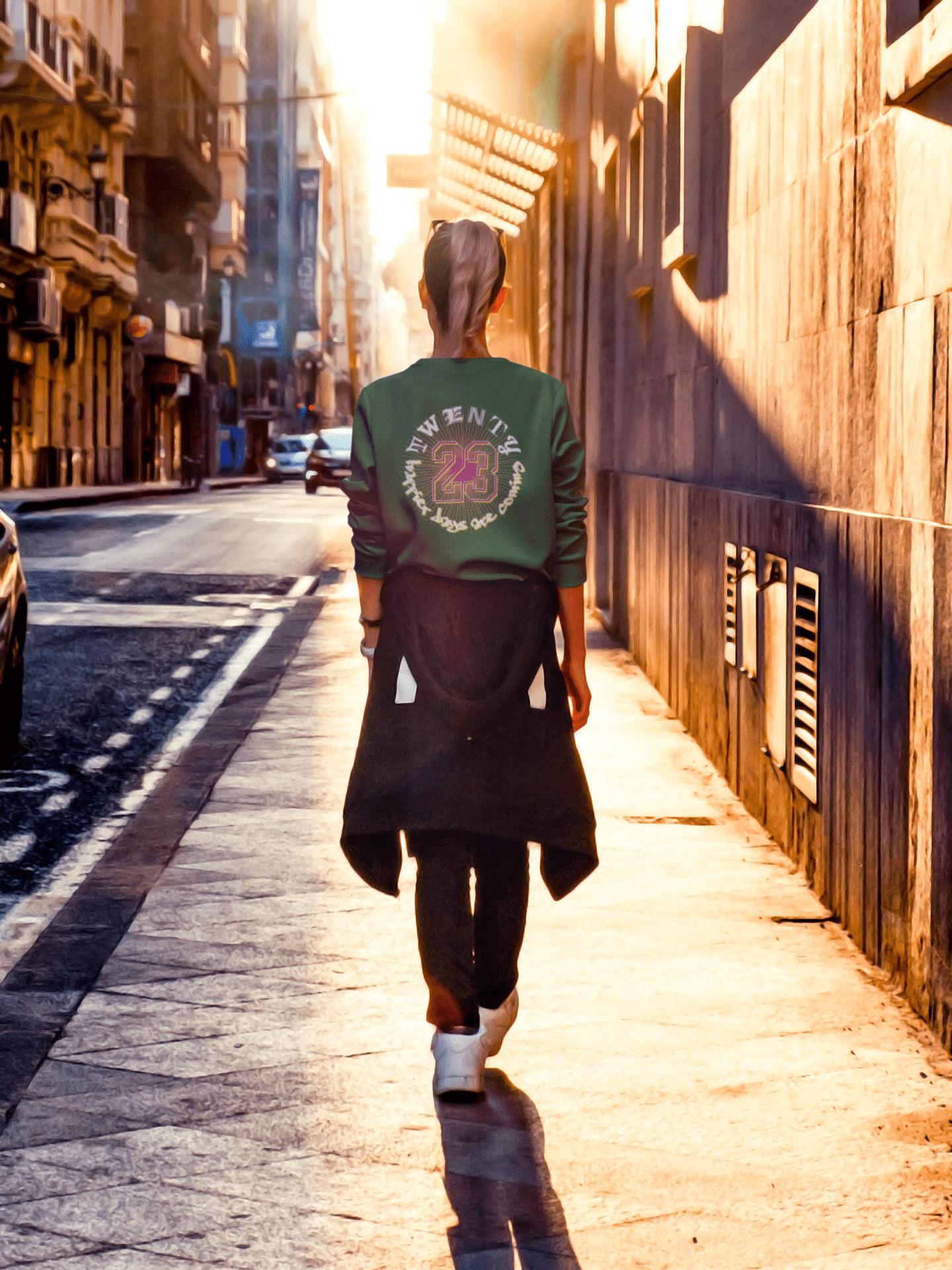 TWENTY23. #202. Bottle Green organic sweatshirt with a print on the front and back. - GRAFOTURE